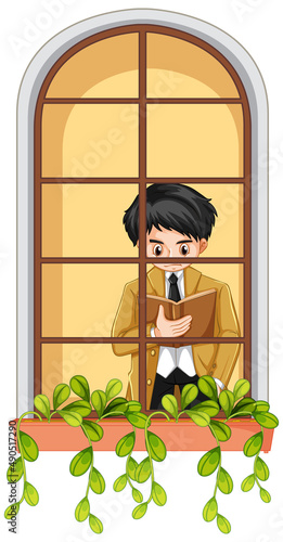 View through the window of a business man reading book