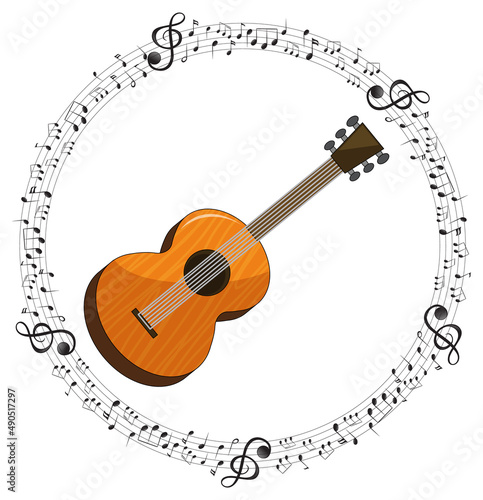 A guitar with musical notes on white background