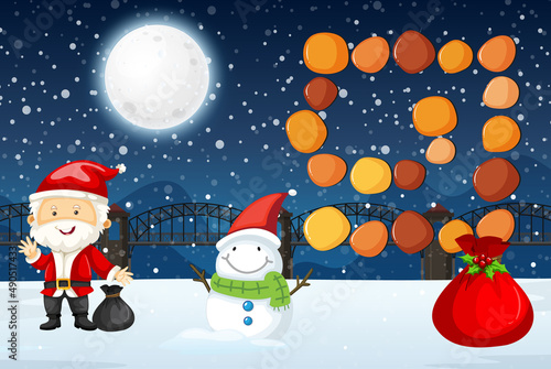 Snowy winter night with Santa Claus and snowman