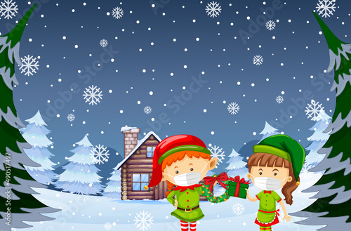 Snowy night scene with Christmas cartoon characters