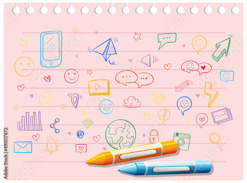 Coloured doodles objects on paper with crayons