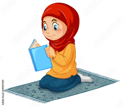 Muslim girl reading book on white background
