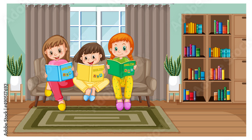 Children reading books at home