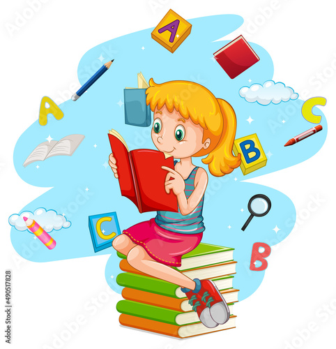 A girl reading books on white background