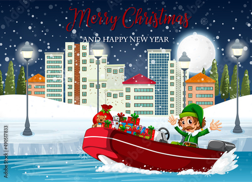 Merry Christmas poster with cute elf delivering gifts by speedboat