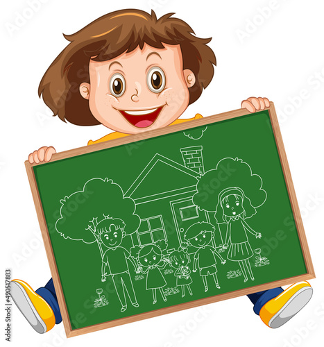 A girl holding board with a doodle sketch design on white background