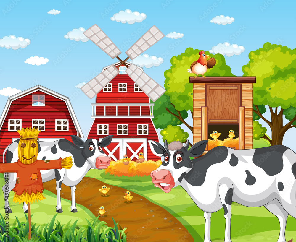 Scene with farm animal on the farm Scene with farm animal on the farm