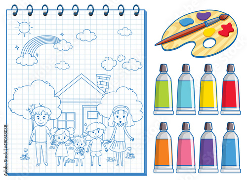 A notebook with a doodle sketch design and watercolour