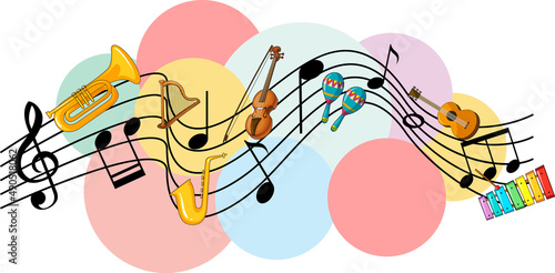 Music instrument with music notes on white background
