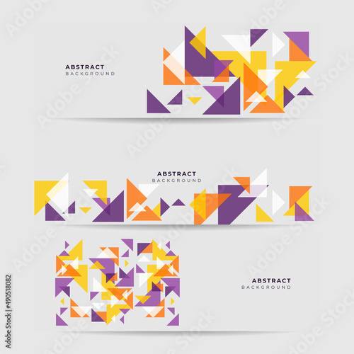 Set of Flat triangle abstract purple yellow colorful memphis wide banner design background. Modern abstract geometric banner background.