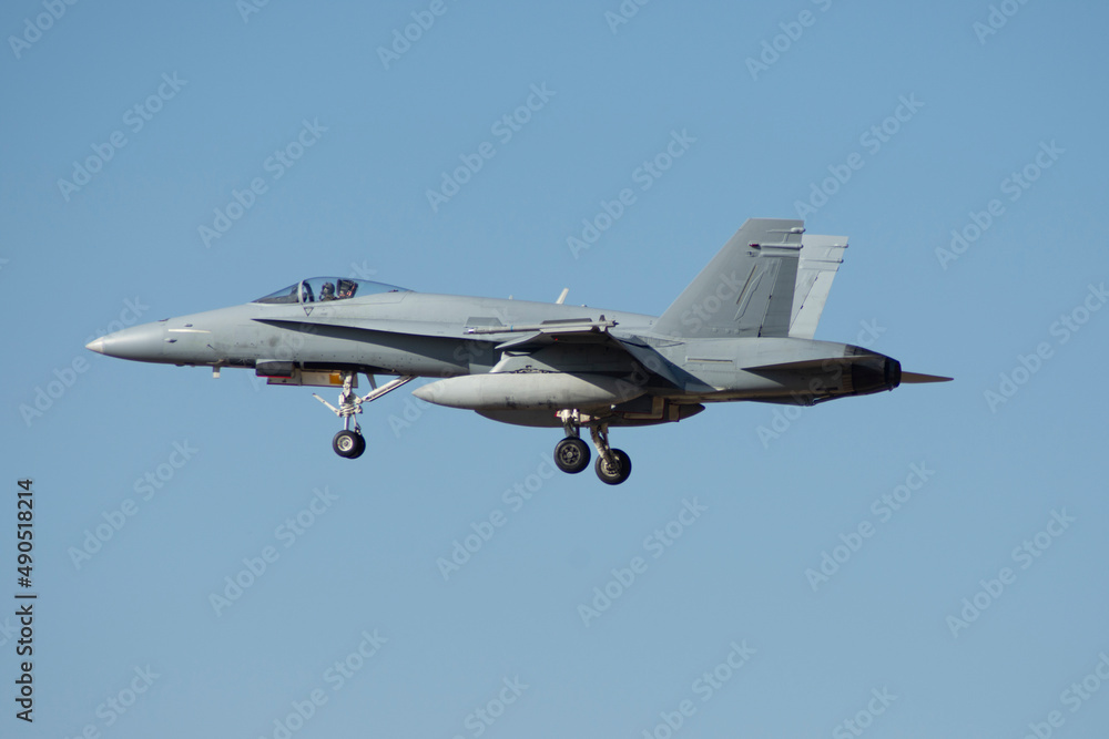 Reactor militar, avión de combate aterrizando F-18 Hornet