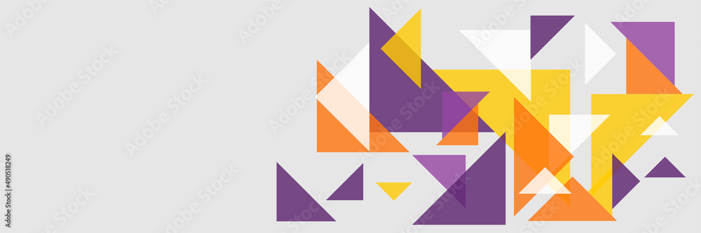 Flat triangle abstract purple yellow colorful memphis wide banner design background. Modern abstract geometric banner background. Flat triangle abstract purple yellow colorful memphis wide banner design background. Modern abstract geometric banner background.