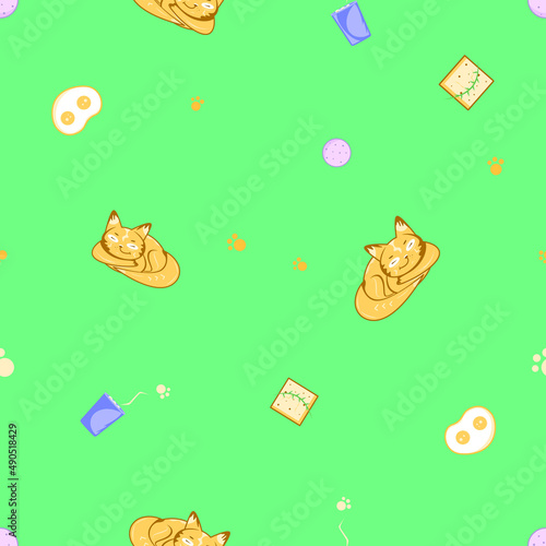 Seamless pattern imaging sleeping cat or fox, slice of bread, animal traces, scrambled eggs, cake and a cup of coffee or tea. All subjects are located on green background.