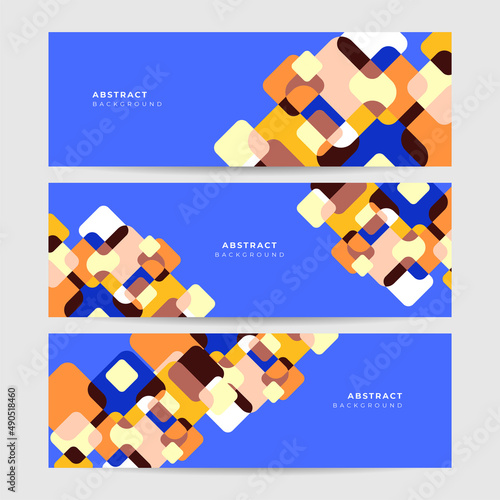 Set of rounded rectangle abstract blue orange colorful memphis wide banner design background