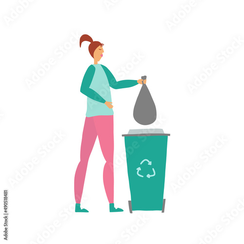 Woman throws away trash into can trash. Zero waste concept.