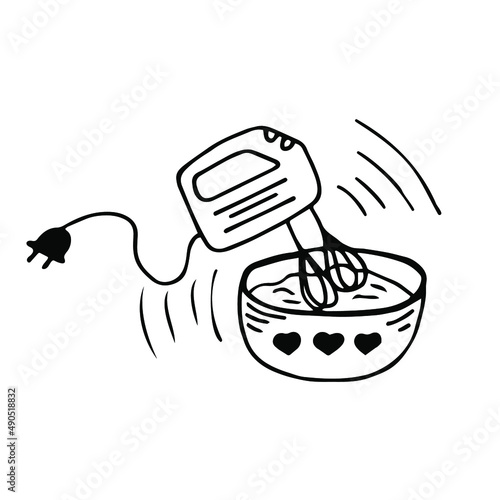 Mixer and bowl icon, concept. hand drawn doodle style. vector, minimalism, monochrome, sketch