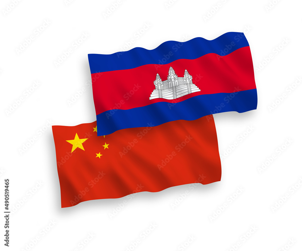 Fototapeta premium National vector fabric wave flags of Kingdom of Cambodia and China isolated on white background 1 to 2 proportion.