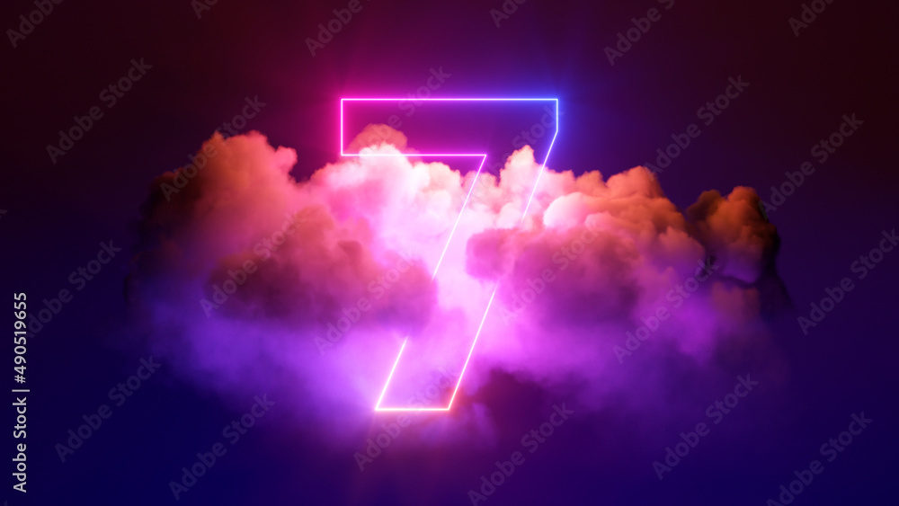 Fototapeta premium 3d render, neon linear number seven and colorful cloud glowing with pink blue neon light, abstract fantasy background