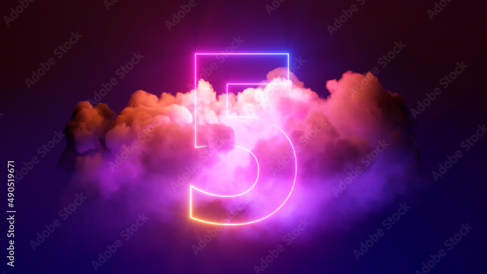 3d render, neon linear number five and colorful cloud glowing with pink blue neon light, abstract fantasy background - obrazy, fototapety, plakaty 