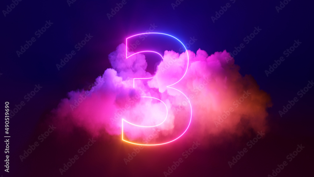 3d render, neon linear number three and colorful cloud glowing with pink blue neon light, abstract fantasy background - obrazy, fototapety, plakaty 