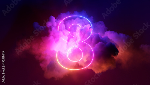 3d render, neon linear number eight and colorful cloud glowing with pink blue neon light, abstract fantasy background photo