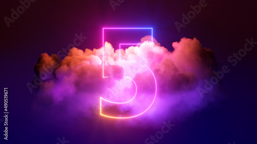 3d render, neon linear number five and colorful cloud glowing with pink blue neon light, abstract fantasy background photo