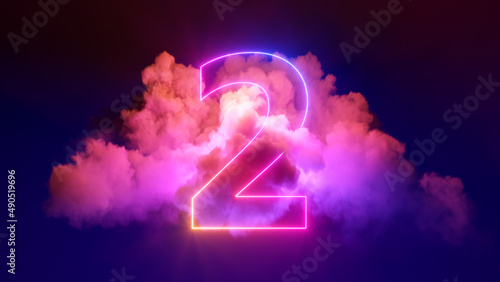 3d render, neon linear number two and colorful cloud glowing with pink blue neon light, abstract fantasy background photo