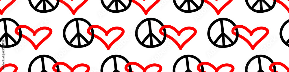 Peace and love - vector seamless pattern with international symbol of pacifism, disarmament, world peace in simple doodle flat style. Anti-war background, texture Peace and love - vector seamless pattern with international symbol of pacifism, disarmament, world peace in simple doodle flat style. Anti-war background, texture