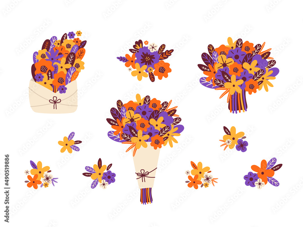 Bouquets of flowers and flower arrangements vector set. Spring and summer floral elements, buds, leaves. Hand drawn vector illustration in Scandinavian style