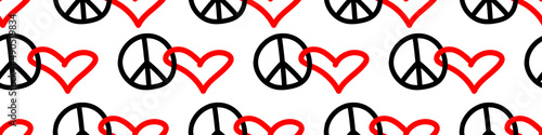 Peace and love - vector seamless pattern with international symbol of pacifism, disarmament, world peace in simple doodle flat style. Anti-war background, texture
