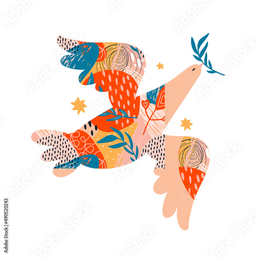 Flying peace dove with olive branch is isolated on white background. Bird soaring in the sky. Concept of peace, no war, friendship, love, spring. Hand drawn vector illustration in Scandinavian style.