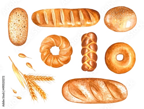 Watercolor set of various types of bread and pastries .  Watercolour food illustration.