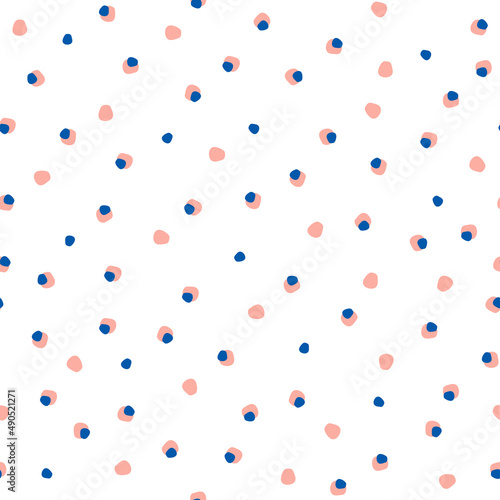 White seamless pattern with pink and blue small dots.