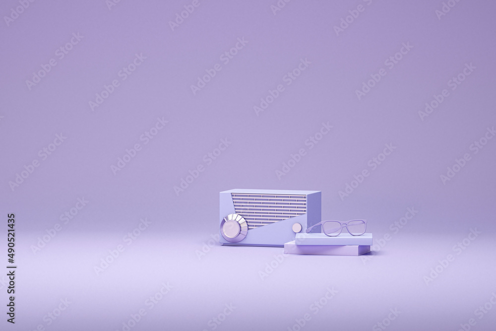 Purple retro radio technology concept .Concept for online music, radio,  listening to podcasts, books at full volume. Wireless headphones on pastel  purple background. 3d render. ilustración de Stock | Adobe Stock