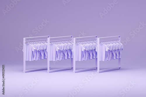 Clothes on a hanger  storage shelf in a cream background. Collection of clothes hanging on rack with pastel purple and very peri colors. 3d rendering  concept for shopping store and bedroom 