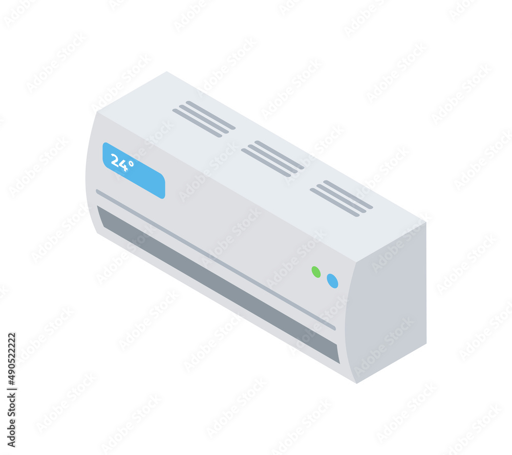 Modern electronic air conditioner with temperature indicator isometric vector illustration. Indoor cooling technology device for comfortable temp control isolated. Central appliance with thermostat Modern electronic air conditioner with temperature indicator isometric vector illustration. Indoor cooling technology device for comfortable temp control isolated. Central appliance with thermostat