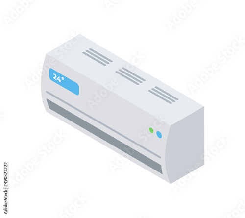 Modern electronic air conditioner with temperature indicator isometric vector illustration. Indoor cooling technology device for comfortable temp control isolated. Central appliance with thermostat