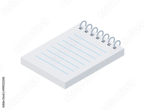 Paper notebook on spring with lines isometric vector illustration. Open business notebook for making notes writing text message and letter isolated. Office stationery supplies for quick tips
