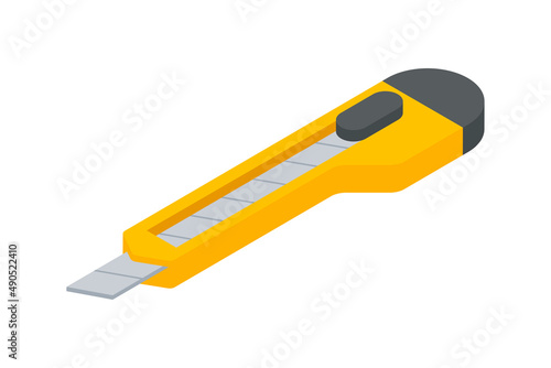 Yellow plastic stationery knife with sharp blade isometric vector illustration. Paper cutter steel tool instrument danger utensil isolated. Metallic equipment for cutting slicing documents
