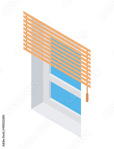 Isometric home office white window with jalousie vector illustration. Traditional interior design element with glass and windowsill. Inside decor with modern striped shadow curtains for privacy