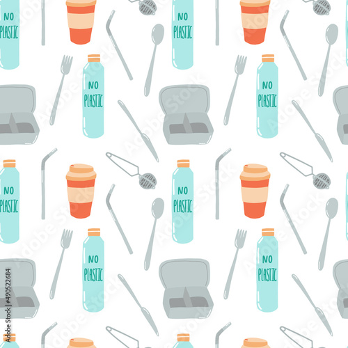 Zero waste products pattern. Vector seamless pattern with eco friendly dishes.