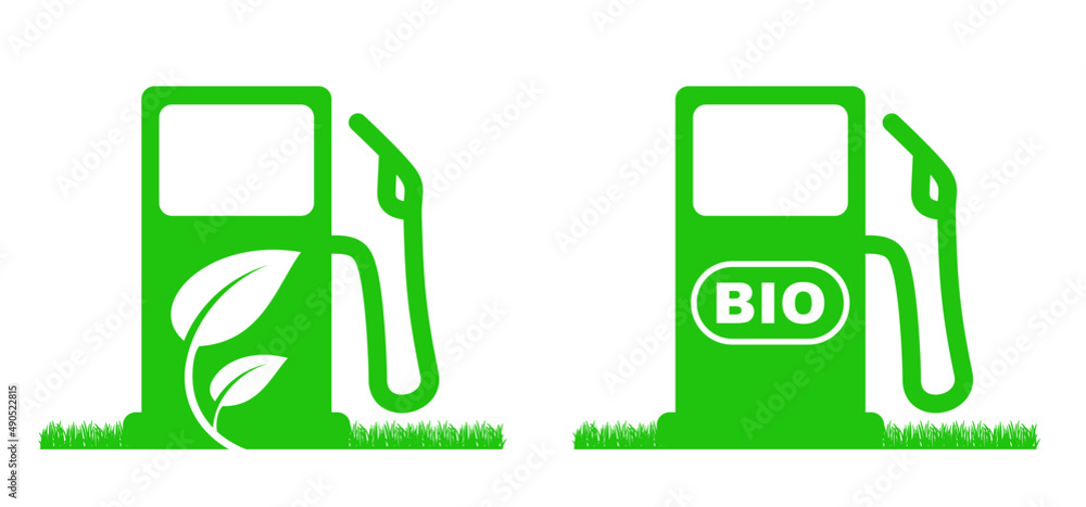 Cartoon eco, bio, CO2 filling station. Petrol pump. Green gas station icon.  Vector refill symbol or pictogram. For car fill location. Gas, olil,  diesel, petroluem, LPG or petrol service pump Stock Vector |