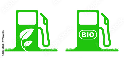 Cartoon eco, bio, CO2 filling station. Petrol pump. Green gas station icon. Vector refill symbol or pictogram. For car fill location. Gas, olil,  diesel, petroluem, LPG or petrol service pump