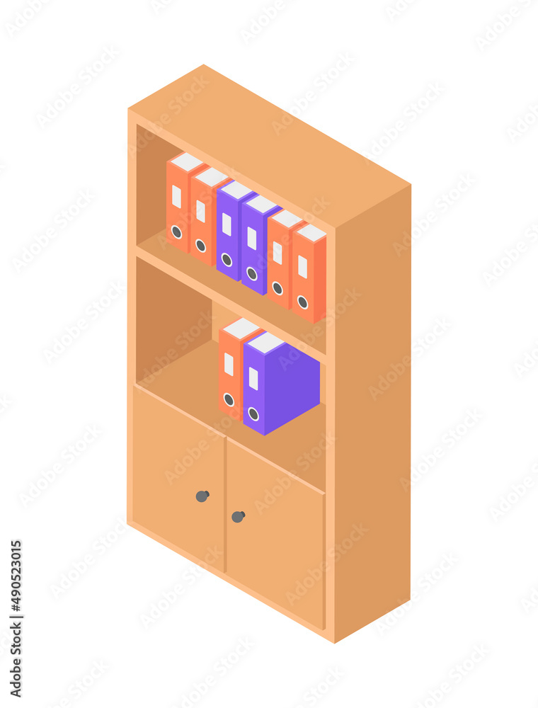 Obraz premium Office cupboard with shelves for folders documents placement isometric vector illustration. Comfortable book stand with stack of important paperwork, bookshelf cabinet, archive organization