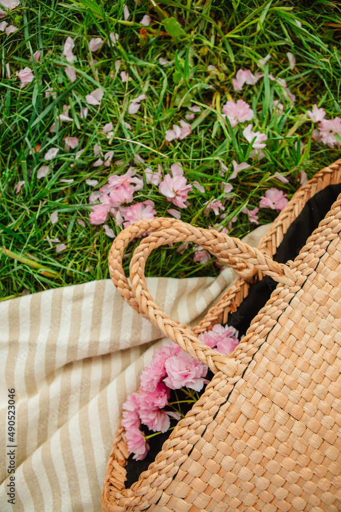 picnic blanket with straw hat and bag on green grass covered with pink sakura flowers