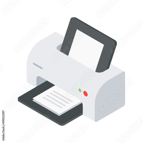 Retro electronic printer device technology for paper document printing at home office isometric vector illustration. Vintage tech device fax copier print photocopier machine for paperwork