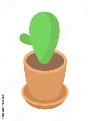 Minimalist green cactus growing in pot isometric vector illustration. Simple Mexican desert plant for home and office tropical botany decoration isolated. Natural desert garden flower