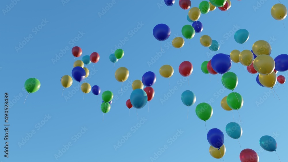 flyaway colorful balloons with blue sky background, 3drendered image flyaway colorful balloons with blue sky background, 3drendered image