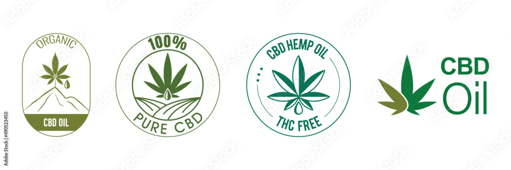 CBD hemp oil, thc free, organic CBD oil, 100% pure CBD icon set vector illustration CBD hemp oil, thc free, organic CBD oil, 100% pure CBD icon set vector illustration