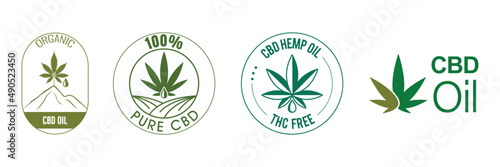 CBD hemp oil, thc free, organic CBD oil, 100% pure CBD icon set vector illustration 